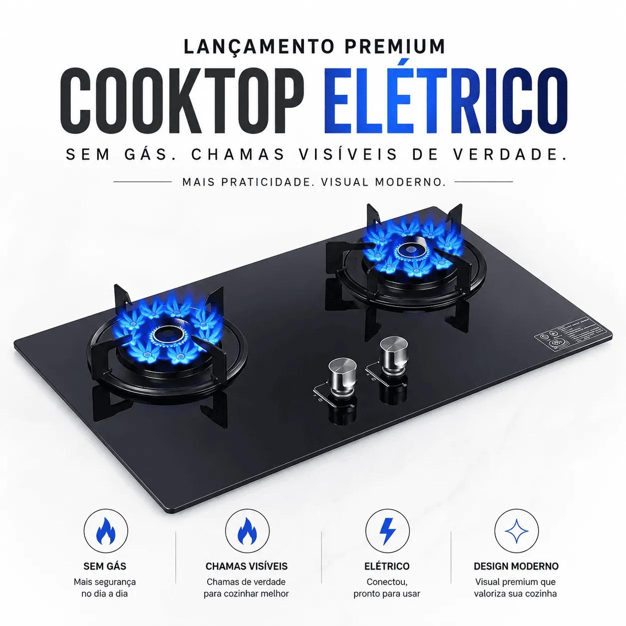 Cooktop Elétrico BlueFlame 2 Bocas — Fogão Elétrico com Chamas e Design Premium